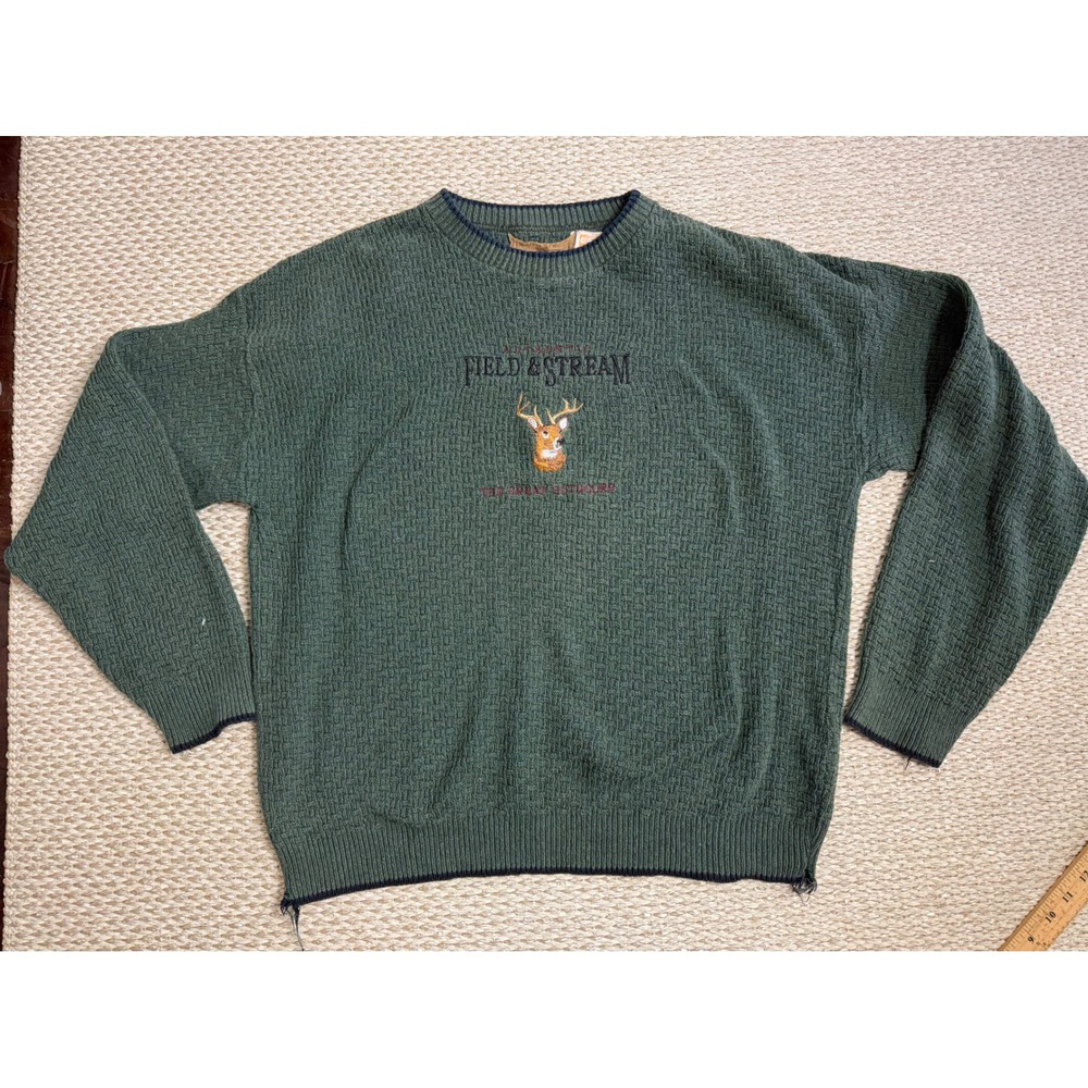 Vintage Field & Stream XL Cotton Knit Deer Embroidered Sweater USA Cable knit